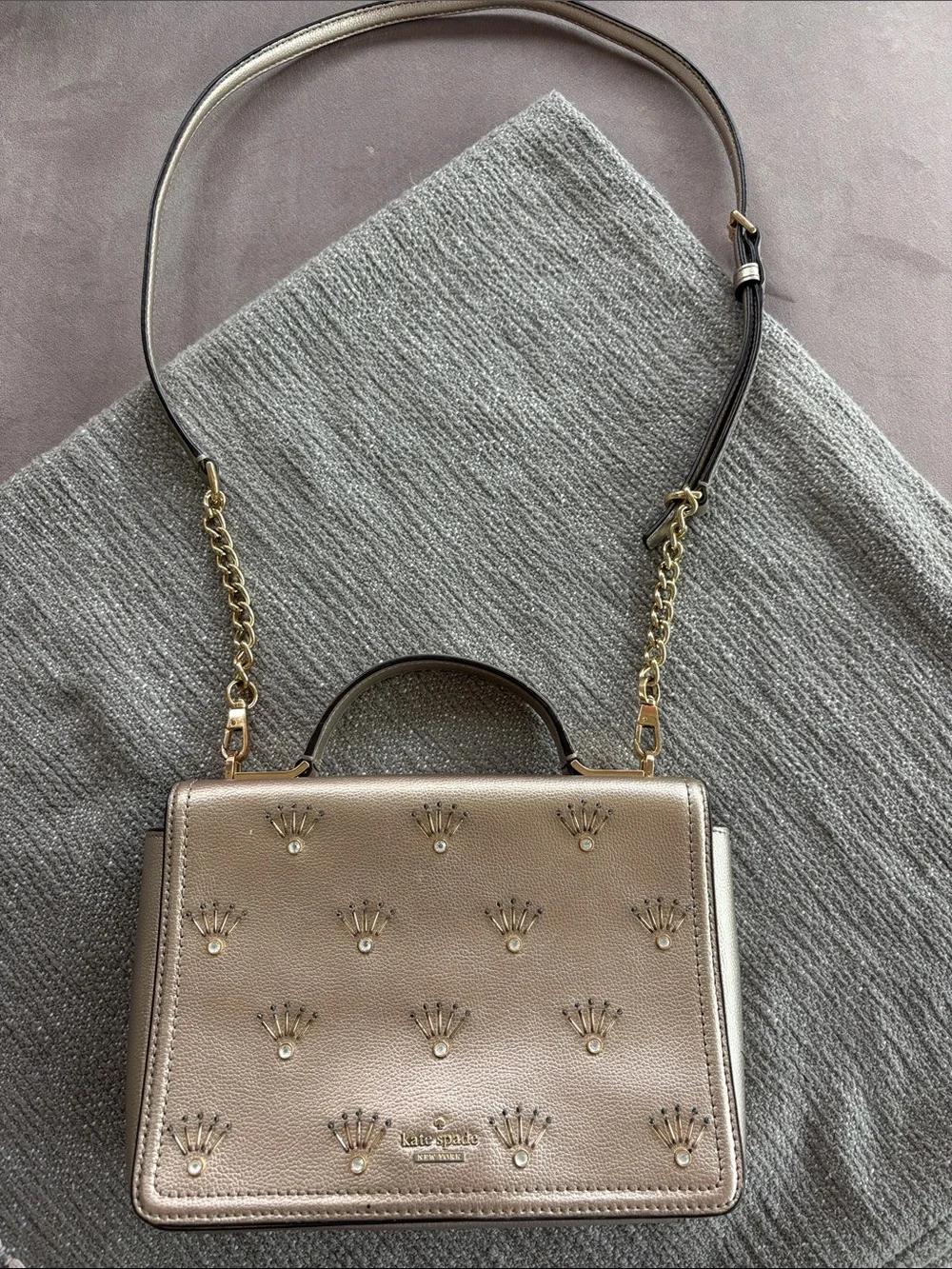 kate spade metallic taupe/beige leather top-handle satchel with gold-tone chain